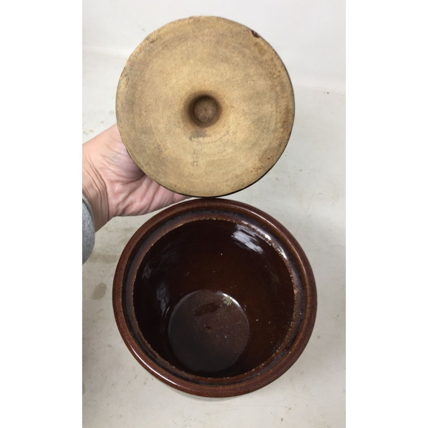 Vintage Brown/White Stoneware Pot With Lid- About 5-6" Inches Tall