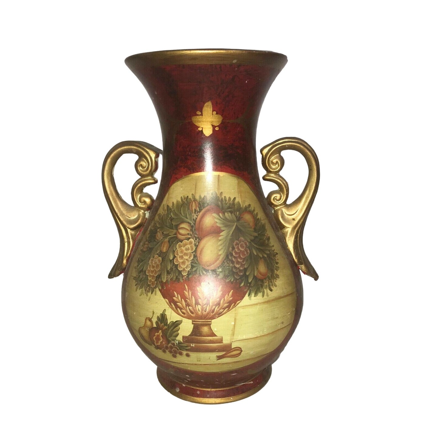 Pretty Decorative VASE with FRUIT BOWL ART Red Gold Handles