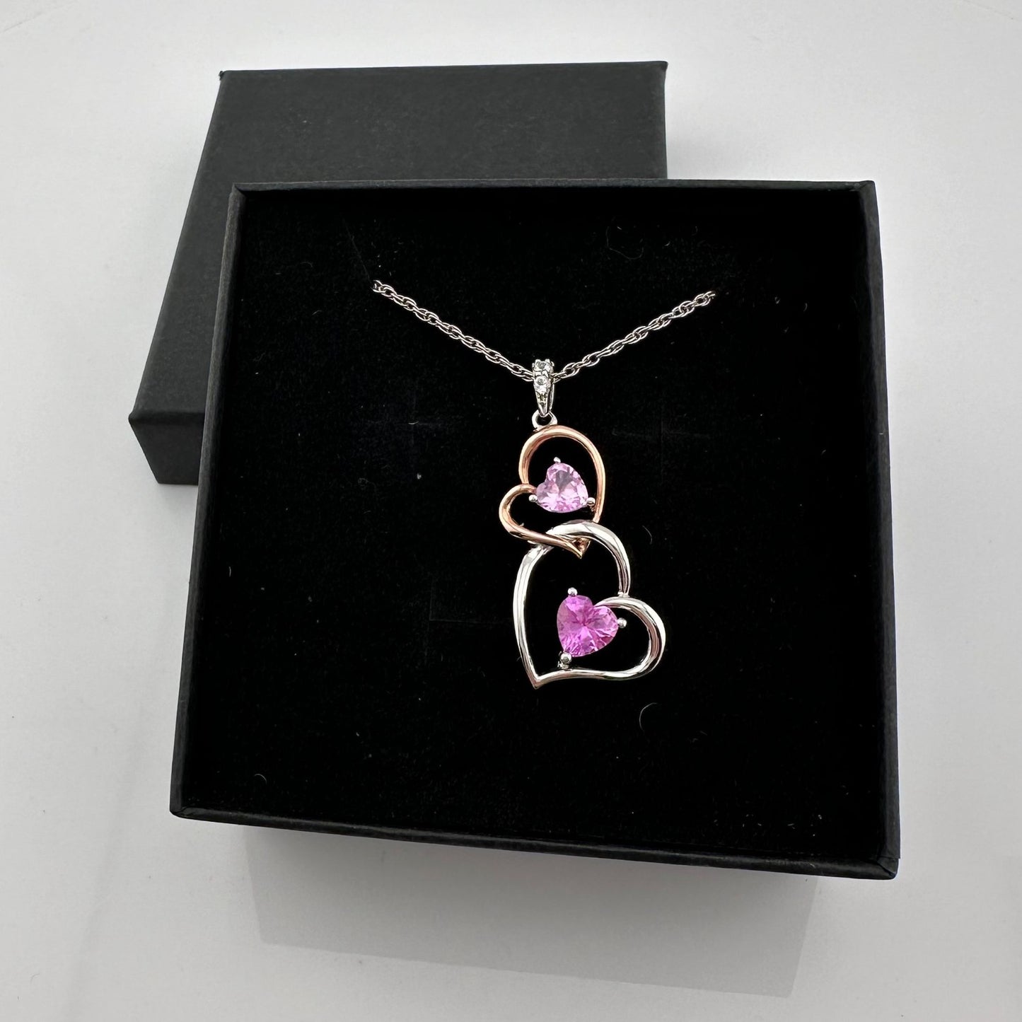 Beautiful Hearts Entwined 2 Tone Double Heart Necklace with Heart Shaped Gemstones