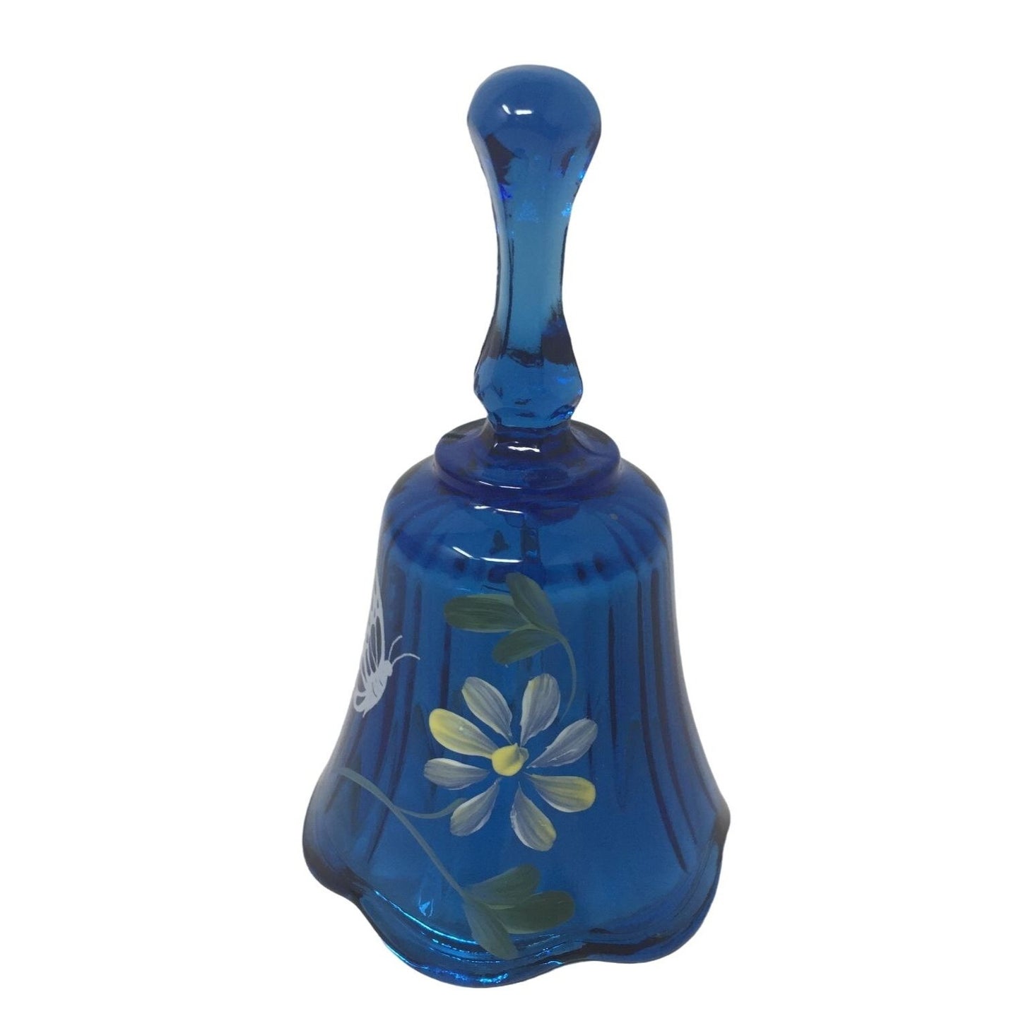 Cobalt Blue Hand Bell with Hand Painted Flower/Butterfly on front of it. Has a Ruffled look on the edges