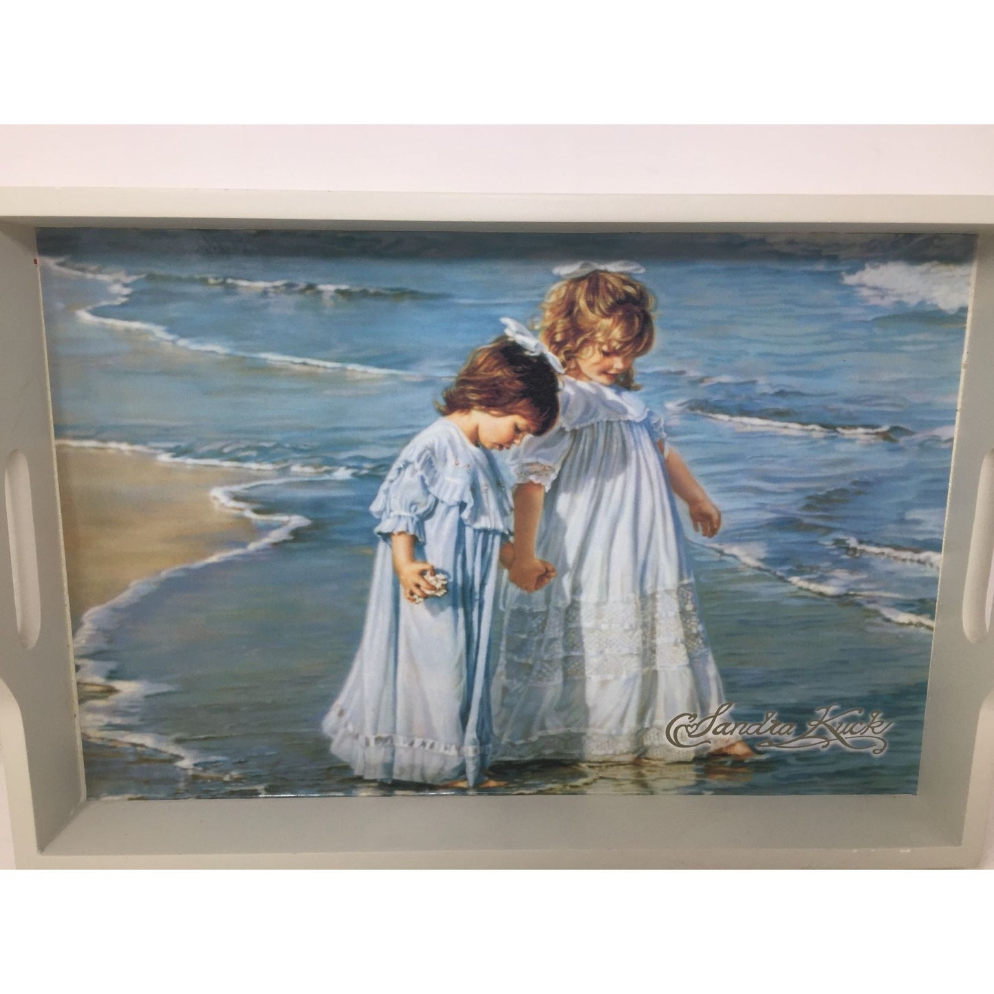 Girls Collecting Shells on the Beach Scene Serving Tray - Sisters on the Beach - White Wood Frame Sandra Kuck