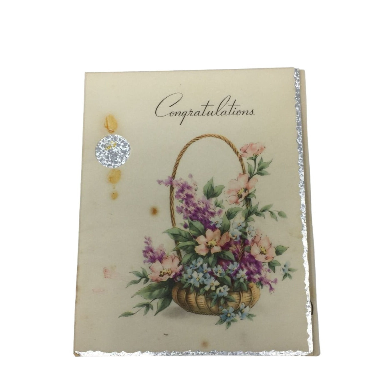 Vintage ''Congratulations" Wedding Paper Card with Flower Basket on the front