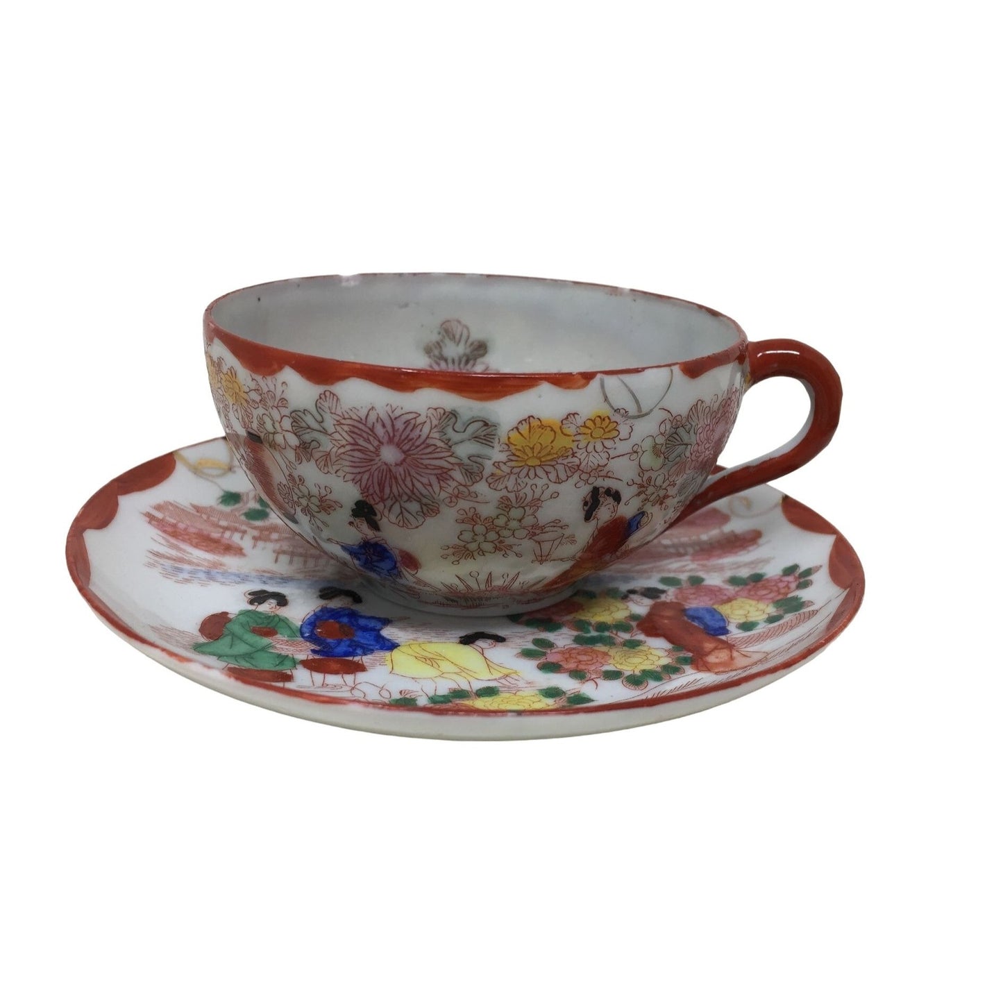 Teacup and Saucer Set with Red Border And flowers printed on both