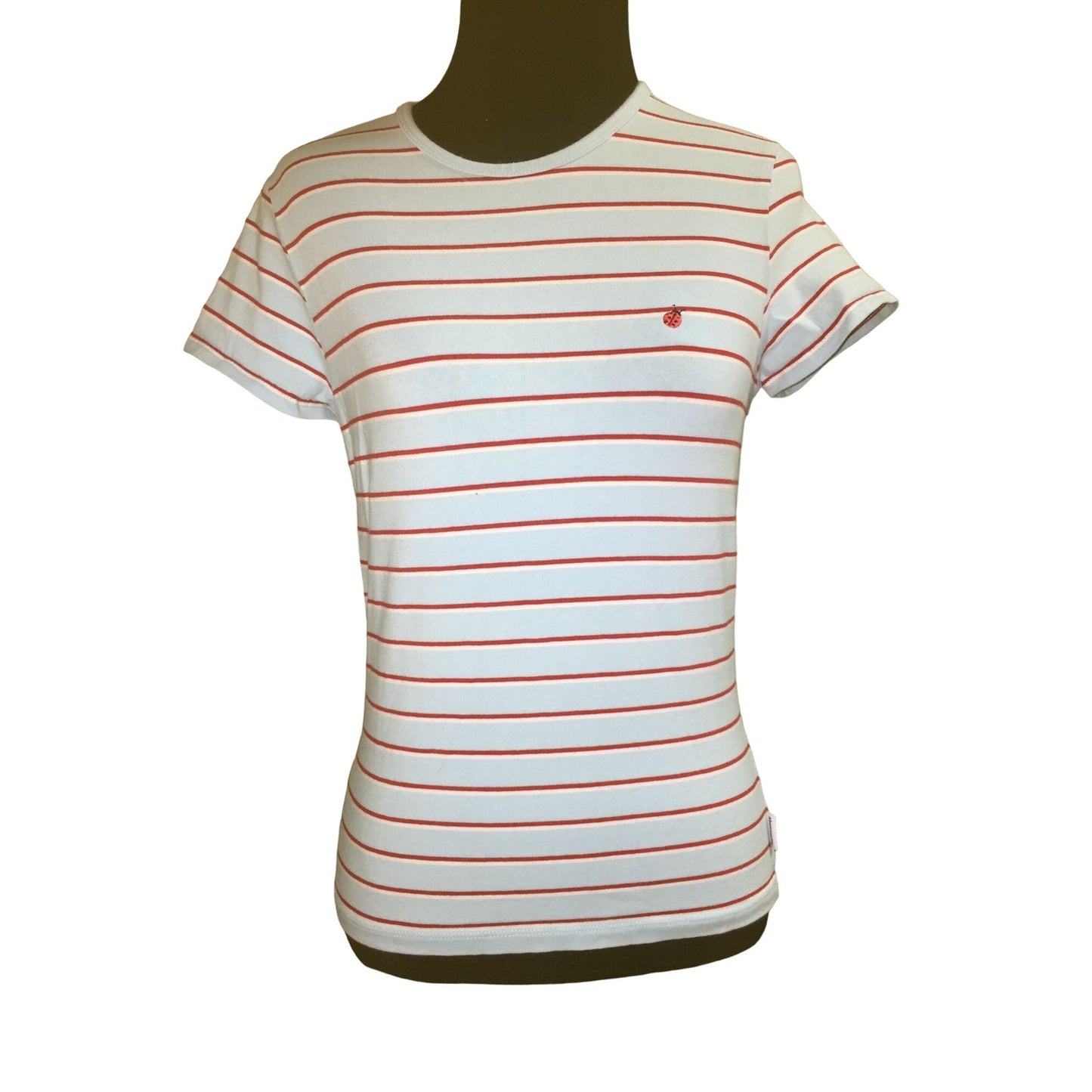 Vintage Ambercrombie & Fitch  Light Blue Red white Stripe Top - Size Medium - Round Collar with Lady Bug on left chest