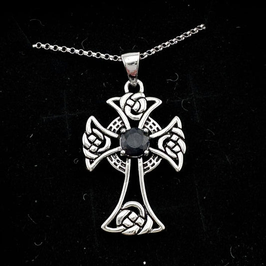 Bold Celtic Cross with Black Sapphire Center - Sterling Silver with 18" Chain
