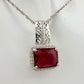 4.10 Carat Emerald Cut Ruby Designer Pendant - Sterling Silver Setting & Chain - Beautiful Filagree Detailing