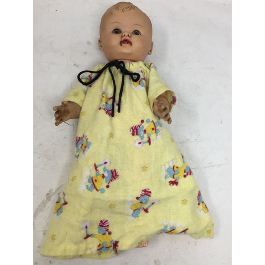 Vintage Collectible Baby Doll w/ Light Eyes, Wearing Yellow Nightgown