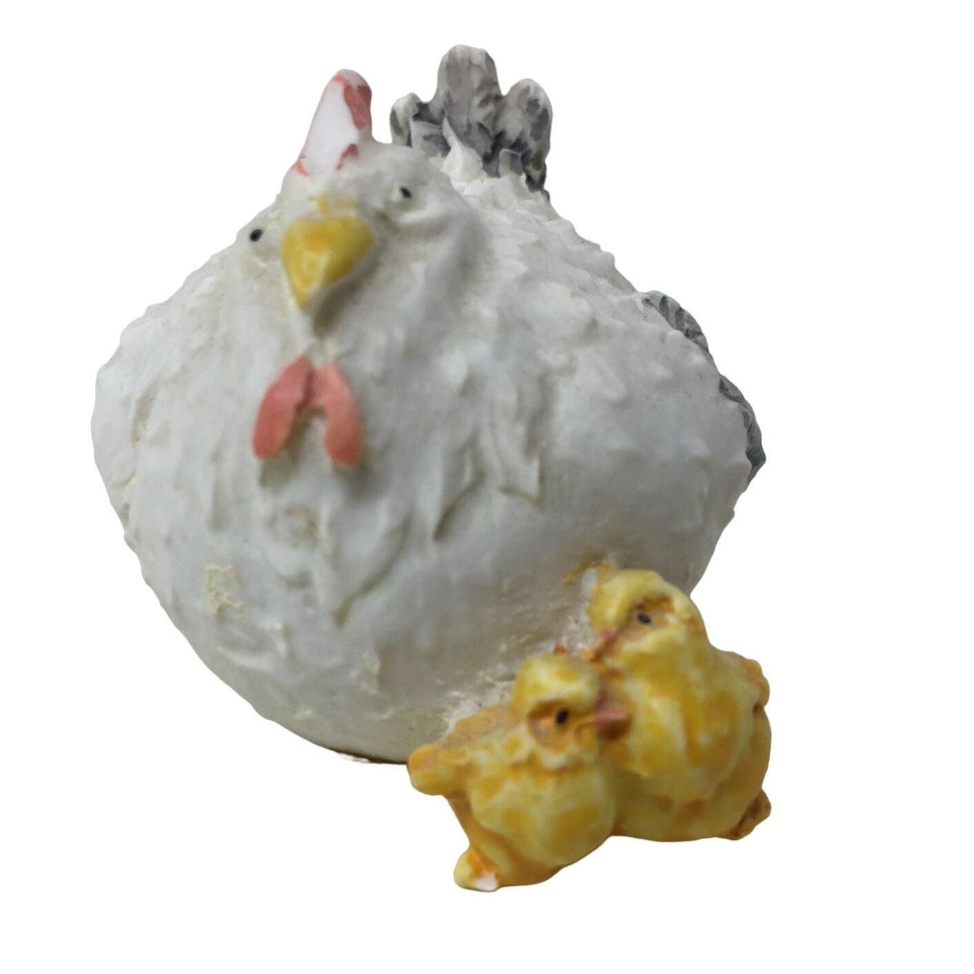 Small Chicken Figurine with 2 Yellow Baby Chicks (Has some Chipping)