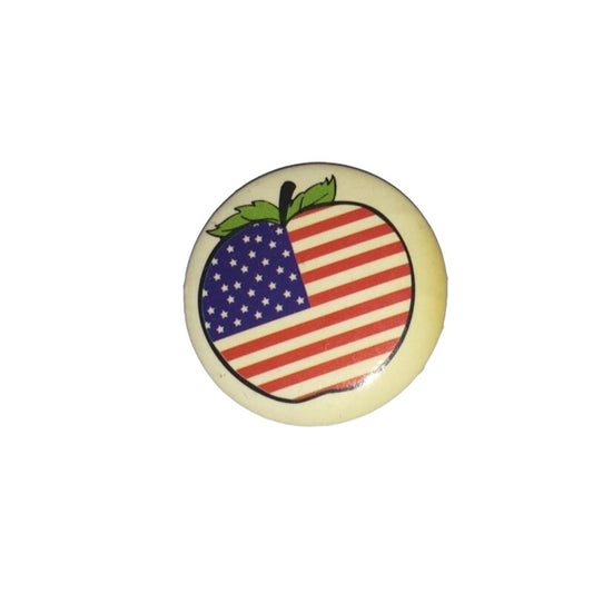 Vintage Patriotic Apple Pinback Button- White with American Flag Shaped Apple