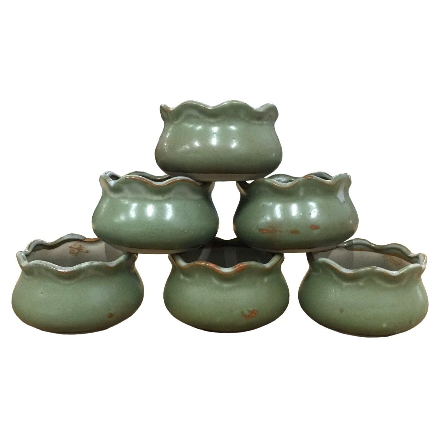 Cute Set of Olive Mini Planters / Flower Pots - Simple Scalloped Edge - Set of 6