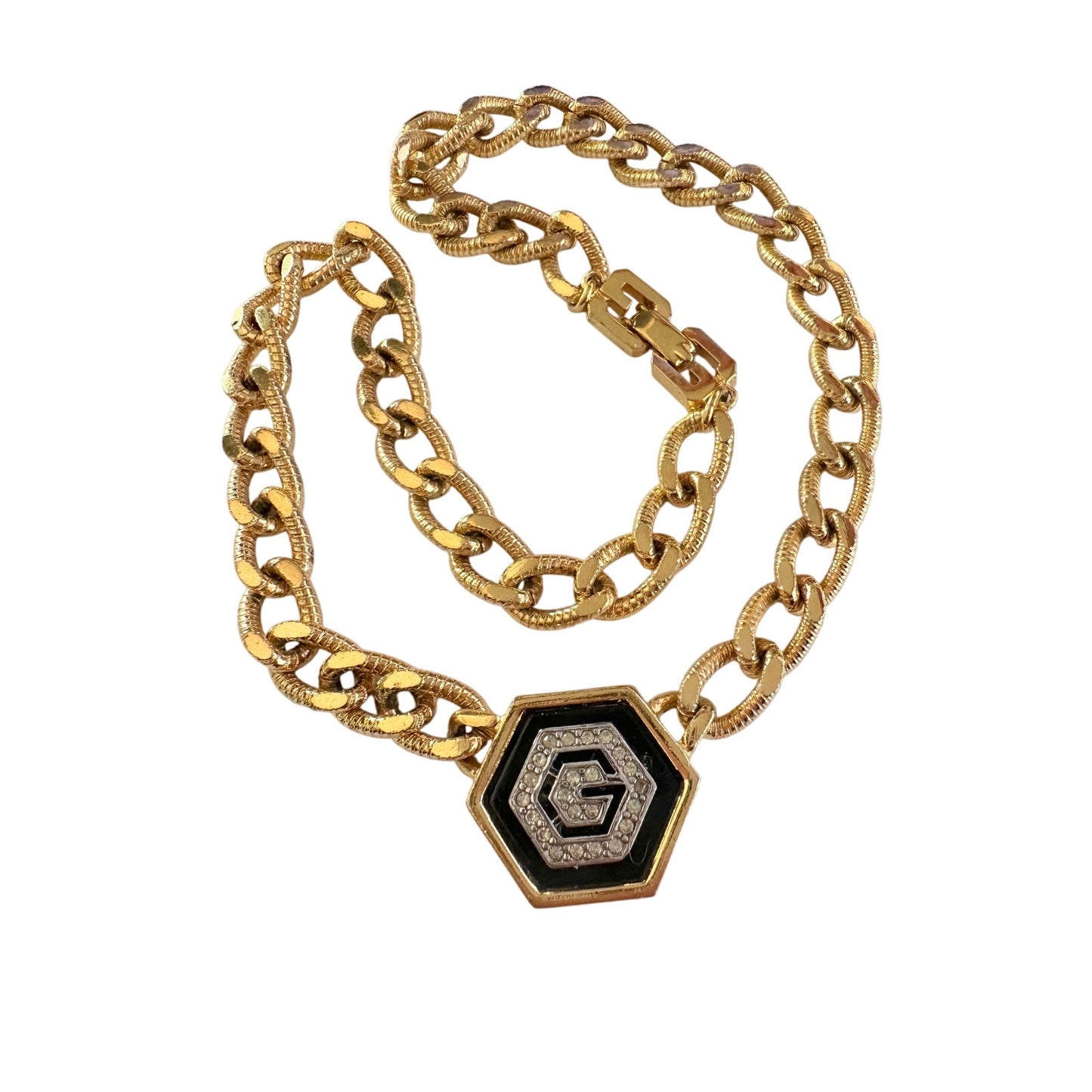 Givenchy Necklace with "G" in Hexagonal Pendant of Black Enamel and Rhinestones