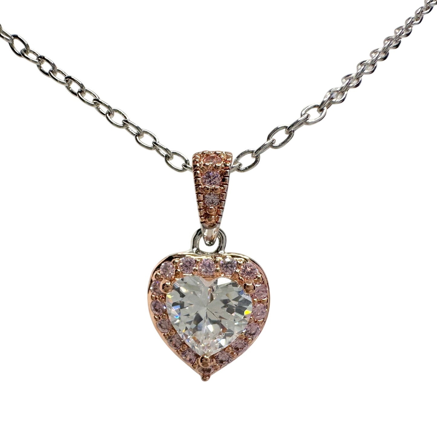 Pretty Rhodium Plated Pink Topaz and Zirconia Heart Necklace