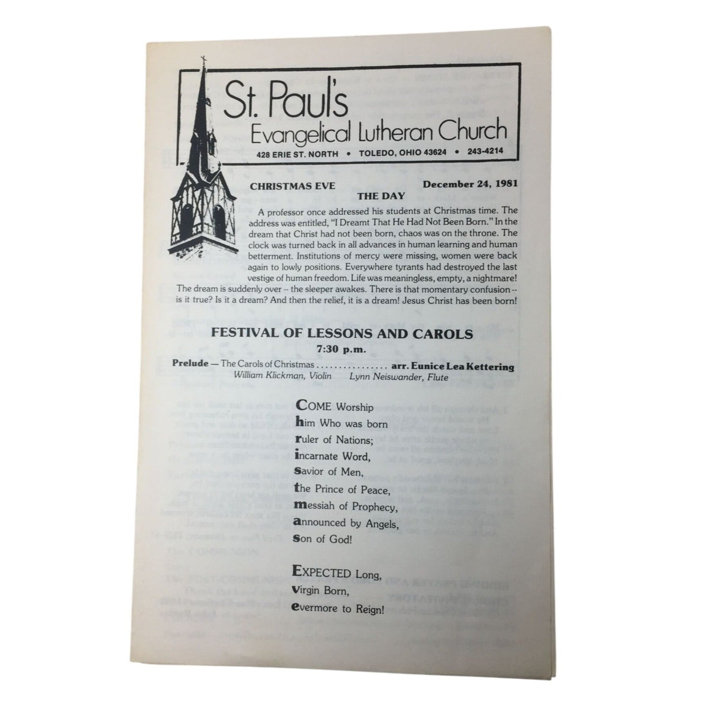 Christmas Eve service program from St. Paul's Evangelical Lutheran Church unbranded  A+ Stuff Sheet Music