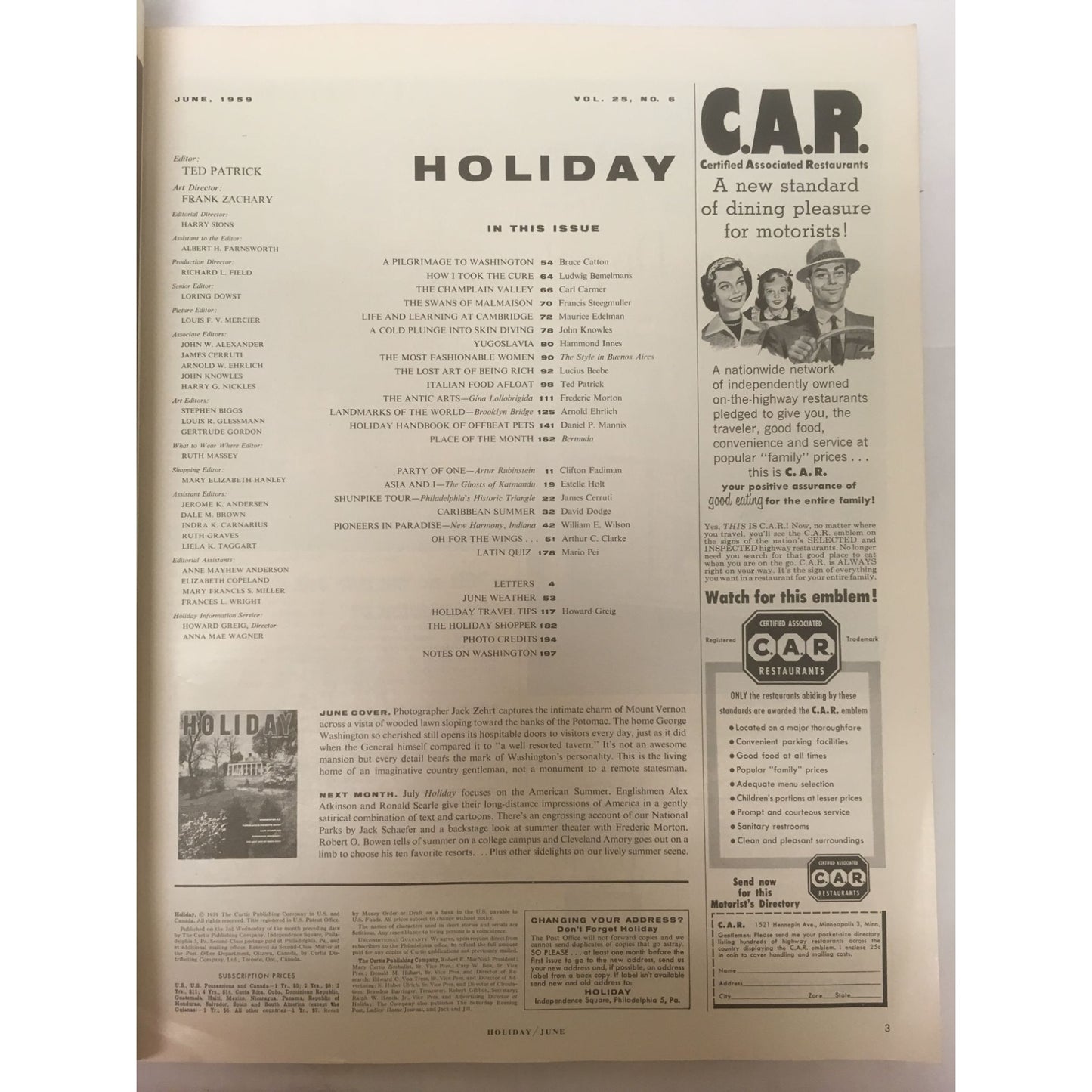 Vintage HOLIDAY Magazine June 1959 Washington DC, Cambridge University