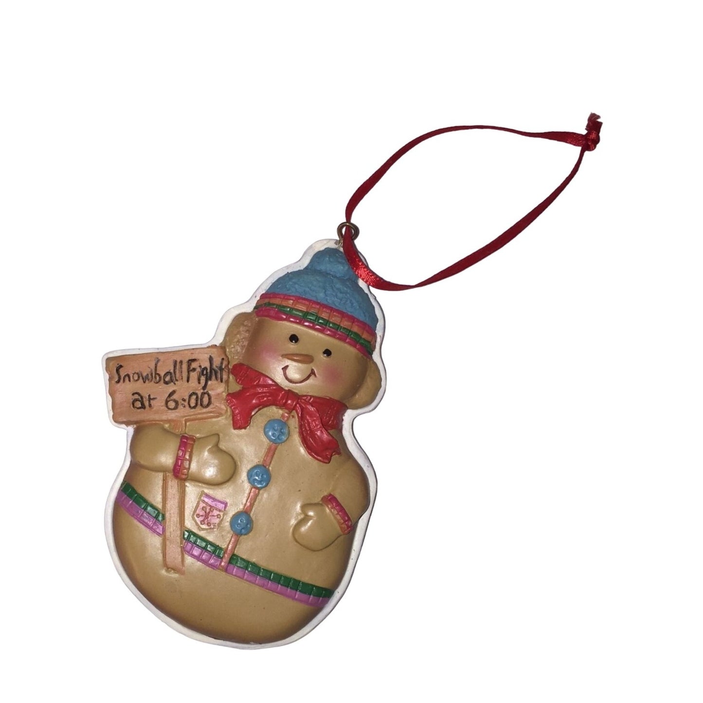 Holiday Christmas Tree Ornament Snowman holding Sign "Snowball Fight at 6:00"