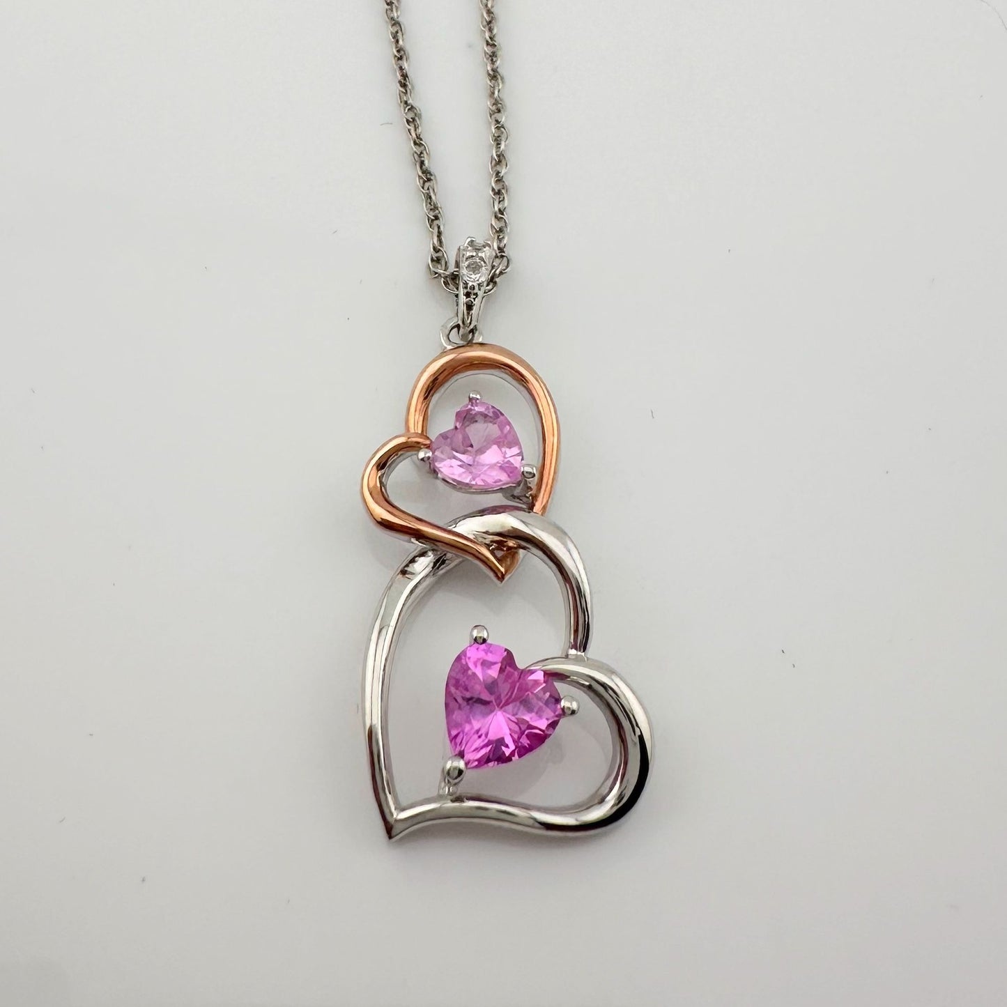 Beautiful Hearts Entwined 2 Tone Double Heart Necklace with Heart Shaped Gemstones