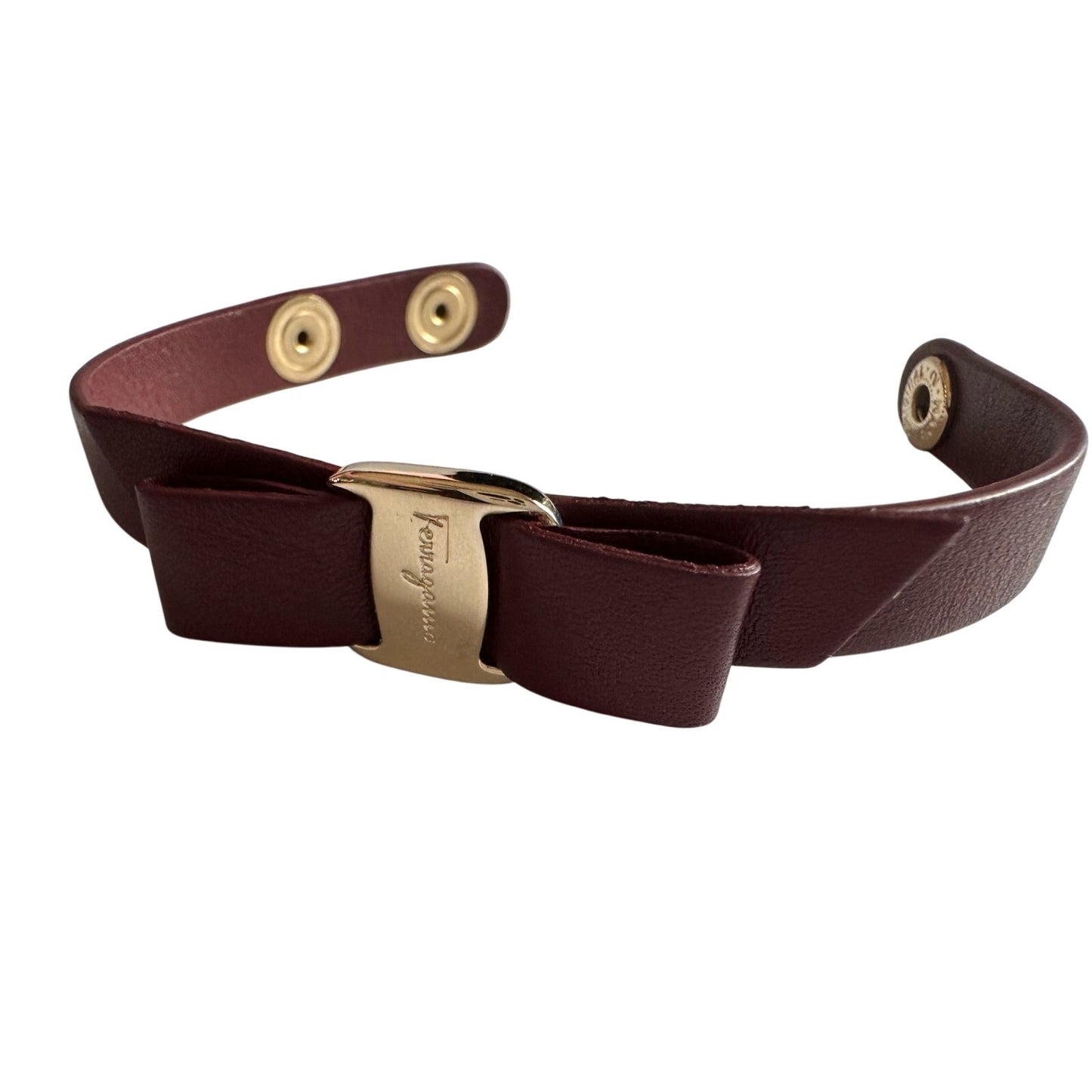 Salvatore Ferragamo Aubergine Leather Vara Bow Bracelet Deep Reddish Brown