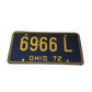 Vintage Metal License Plate Blue and Yellow 6966 L OHIO 72