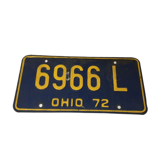 Vintage Metal License Plate Blue and Yellow 6966 L OHIO 72