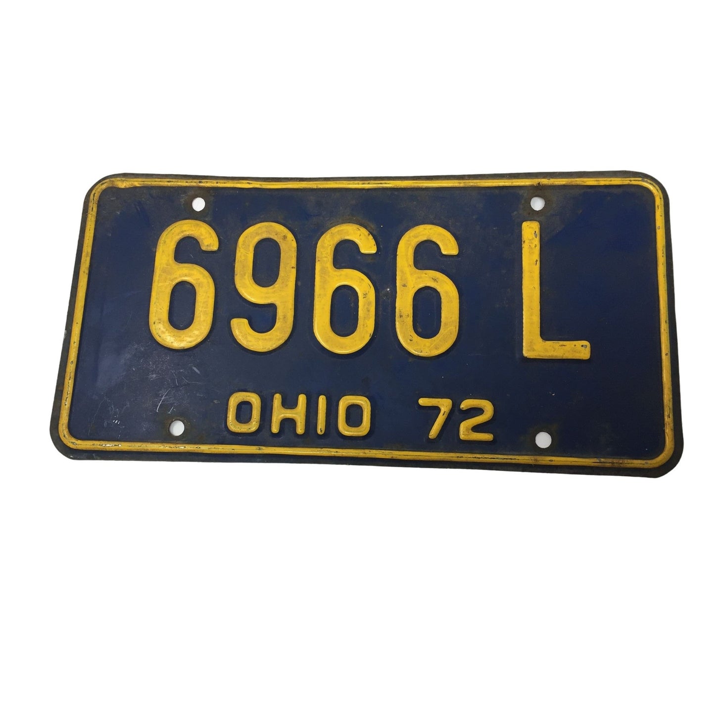 Vintage Metal License Plate Blue and Yellow 6966 L OHIO 72