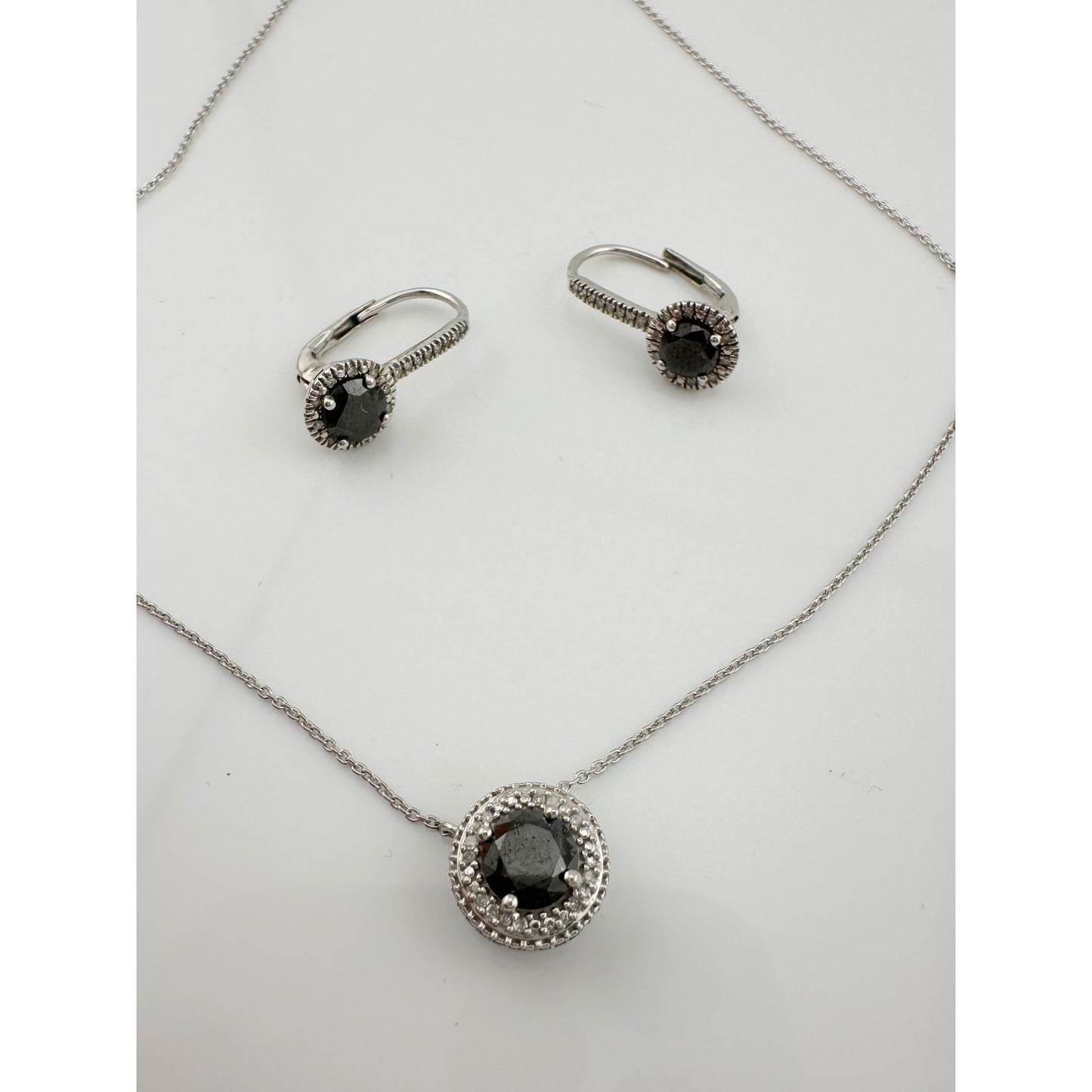 Beautiful 1 Carat Black Diamond Halo Earring and Necklace Set