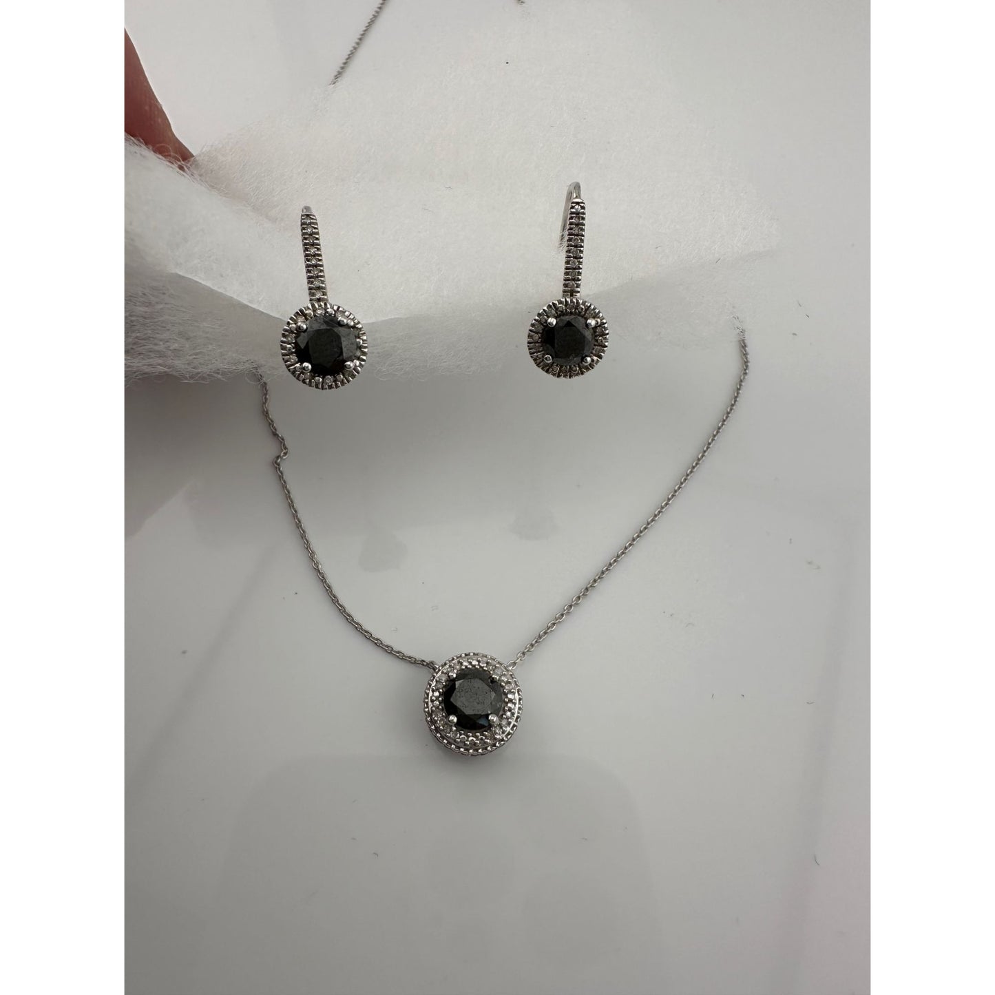 Beautiful 1 Carat Black Diamond Halo Earring and Necklace Set