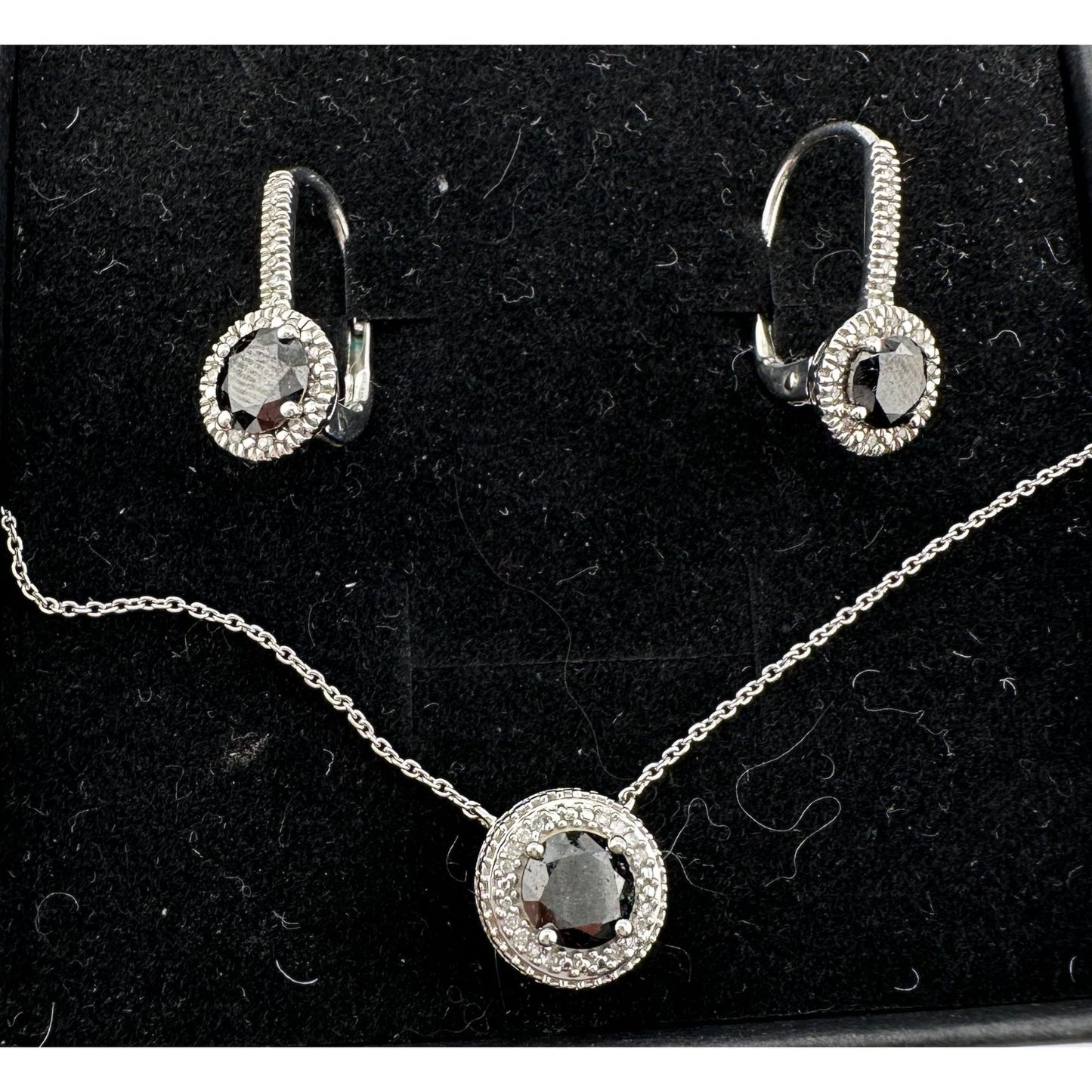 Beautiful 1 Carat Black Diamond Halo Earring and Necklace Set