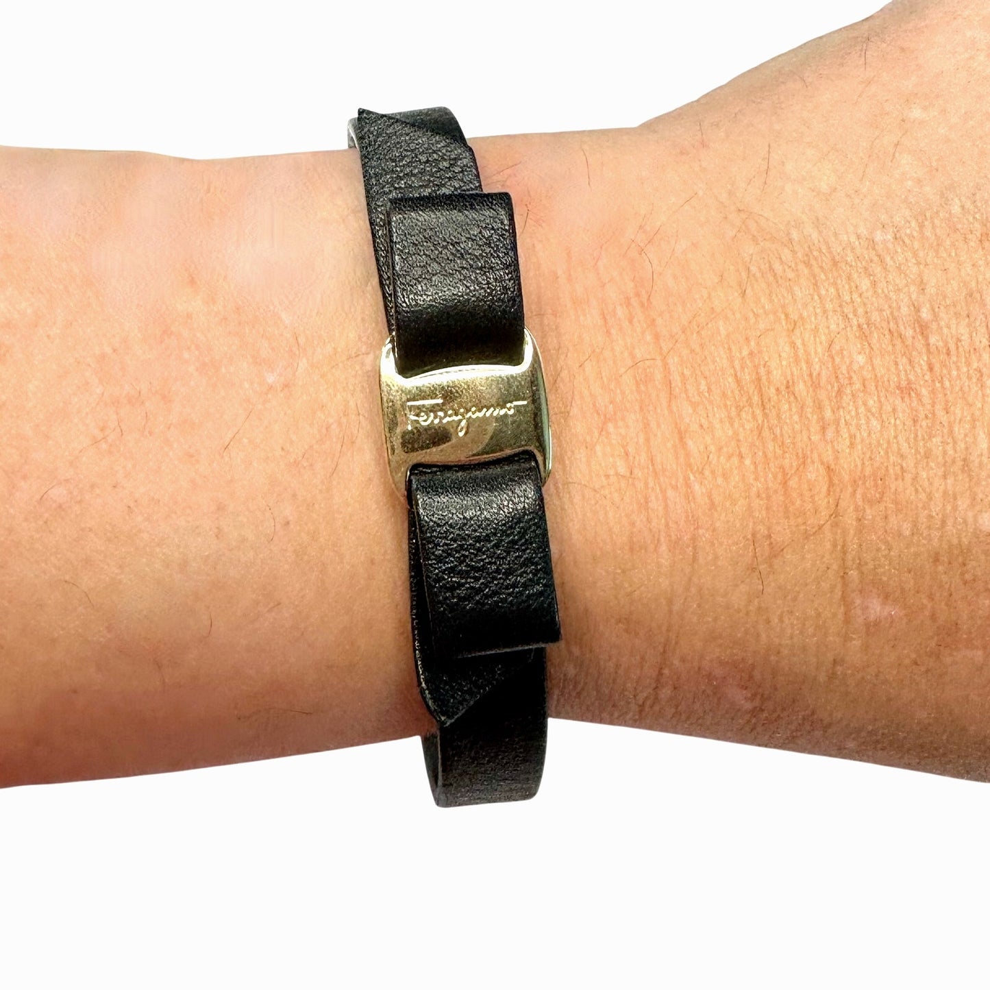 Salvatore Ferragamo Black Leather Vara Bow Bracelet with Pouch