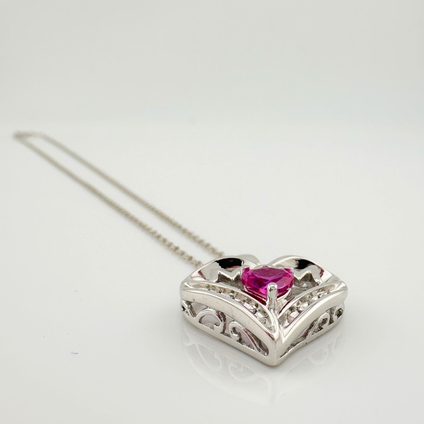 Bright and Beautiful "Mom" Neckace - Heart Shaped Lab Created Pink Sapphire - Sterling