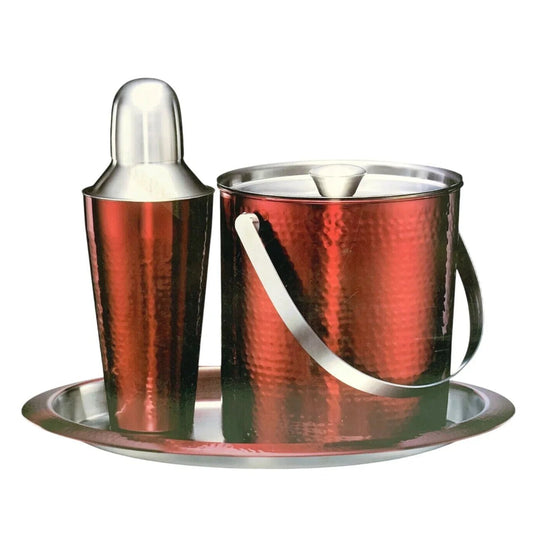 CAMBRIDGE Silversmiths Hammered Red Metallic Ice Bucket, Shaker & Tray Barware Set - Cambridge - Barware Set - A+ Stuff