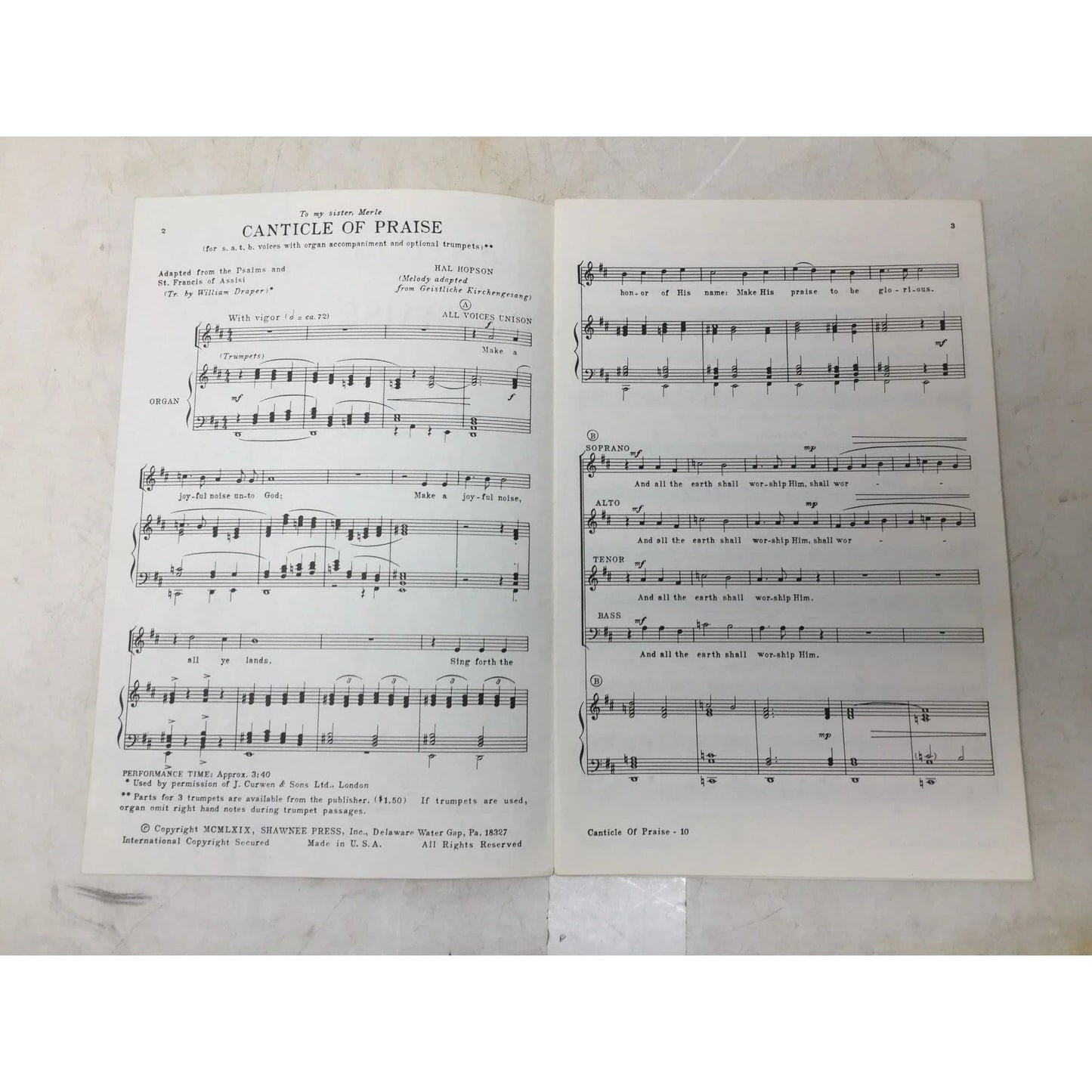 ''Canticle Of Praise'' From the Psalms and St Francis of Assisi (Arranged by Hal Hopson) - A+ Stuff - SHEET MUSIC - A+ Stuff