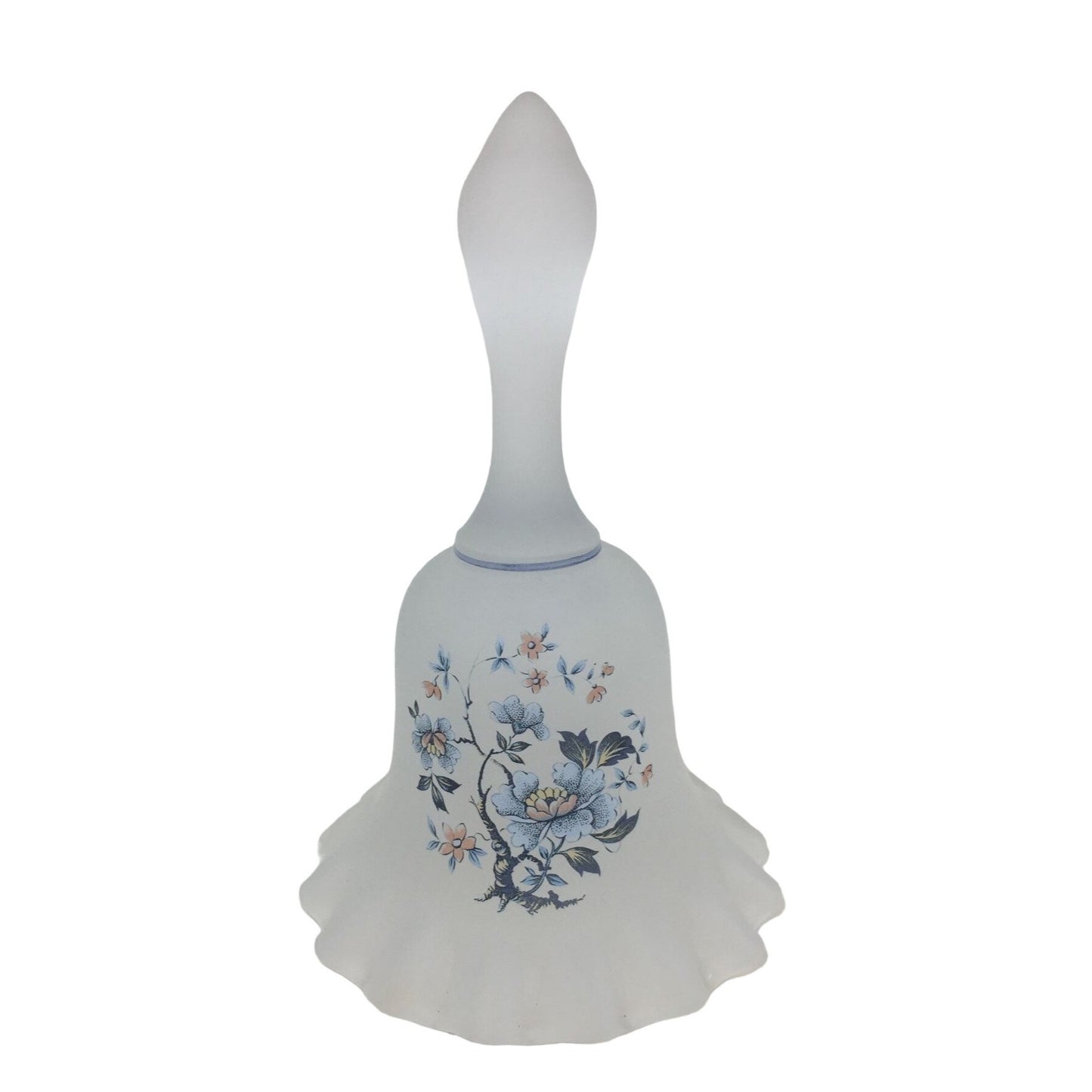 Glass Handled Bell with Blue/Pink Flowers printed on it- Has a "ruffled look" on edges.