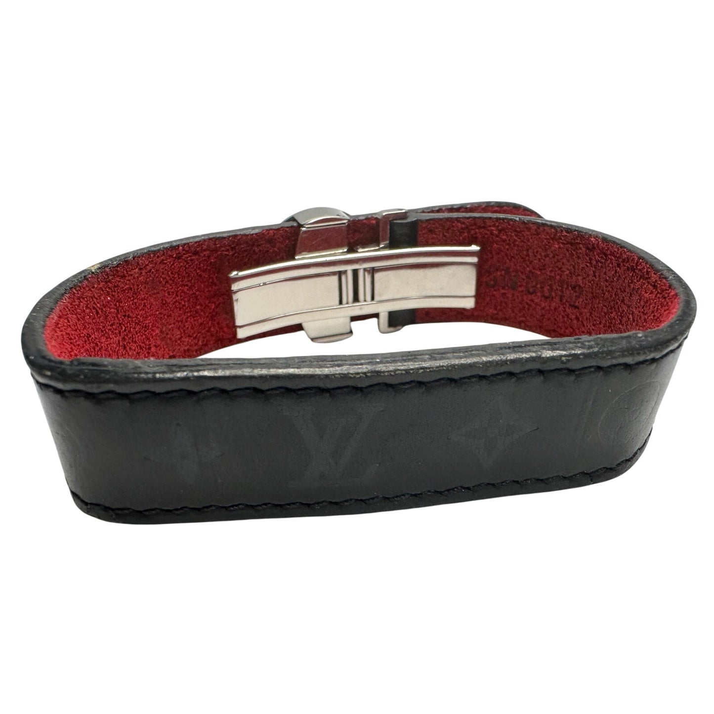 Louis Vuitton (LV) Black Leather Monogram Wish Bracelet with Red Leather on Inverse