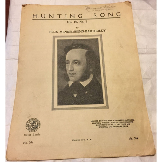 Vintage Sheet Music Hunting Song Op. 19, No. 3 by Felix Mendelssohn Bartholdy