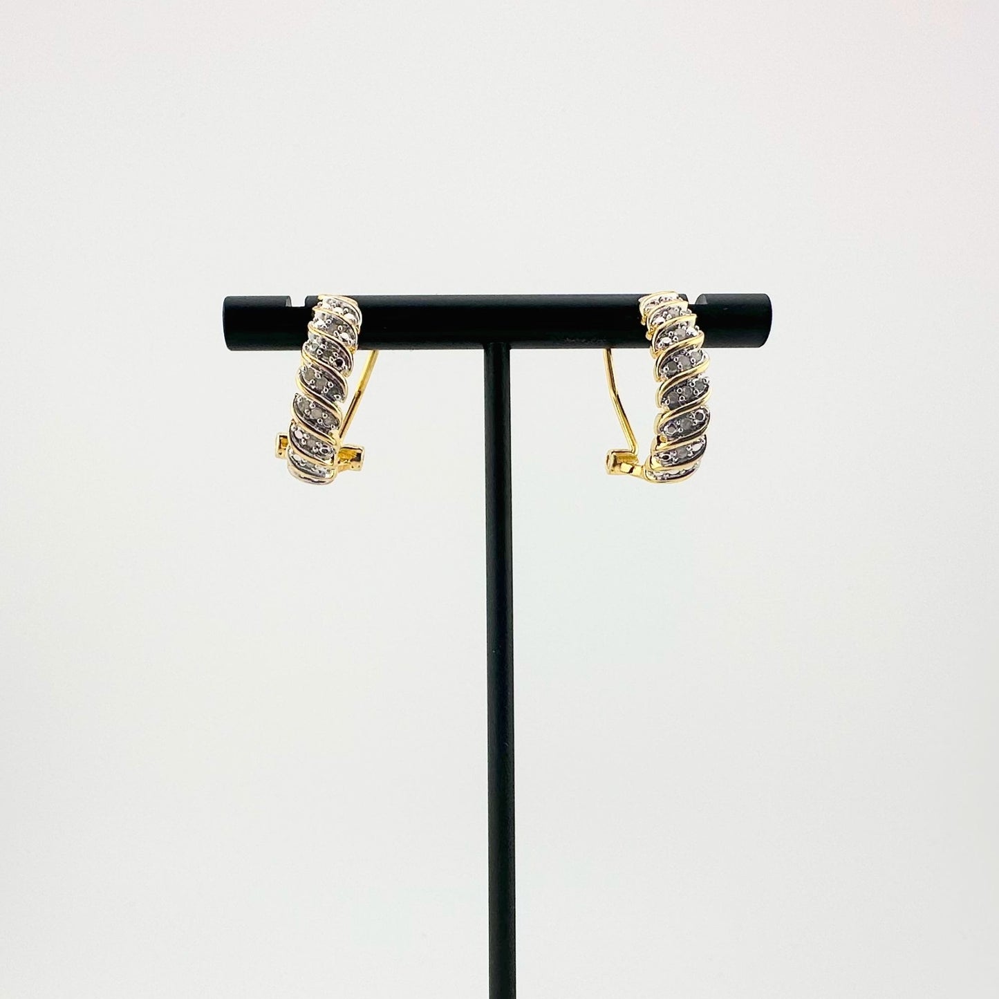 Diamond Stripe Hoop Earrings - Easy Close Back -- 14 kt Gold Overlaying Brass