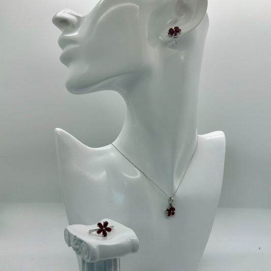 Natural Ruby Flower Jewelry Set  - Necklace with Pendant, Earrings and Ring - Simply Beautiful!