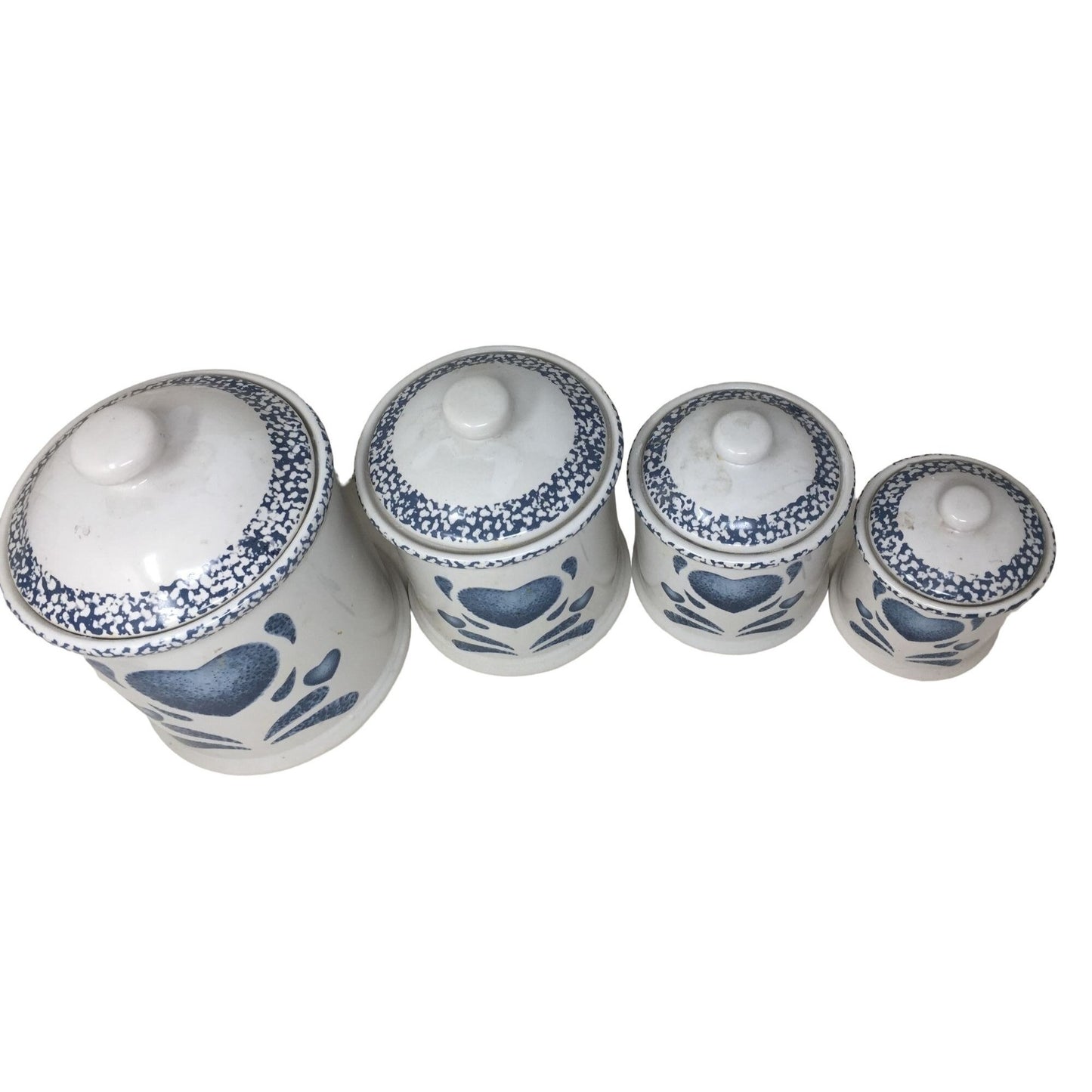 Country Style Ceramic Kitchen Canister Set - White with Blue Heart and Flourish Art - Large Lid NO LONGER INCLUDED