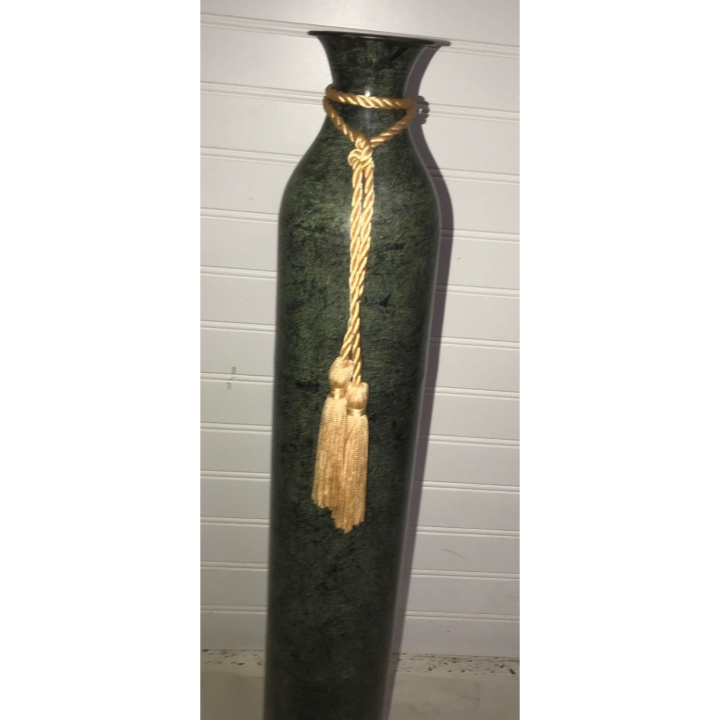 Tall Straight bottom Green Metal Vase with gold tassels- 24" tall