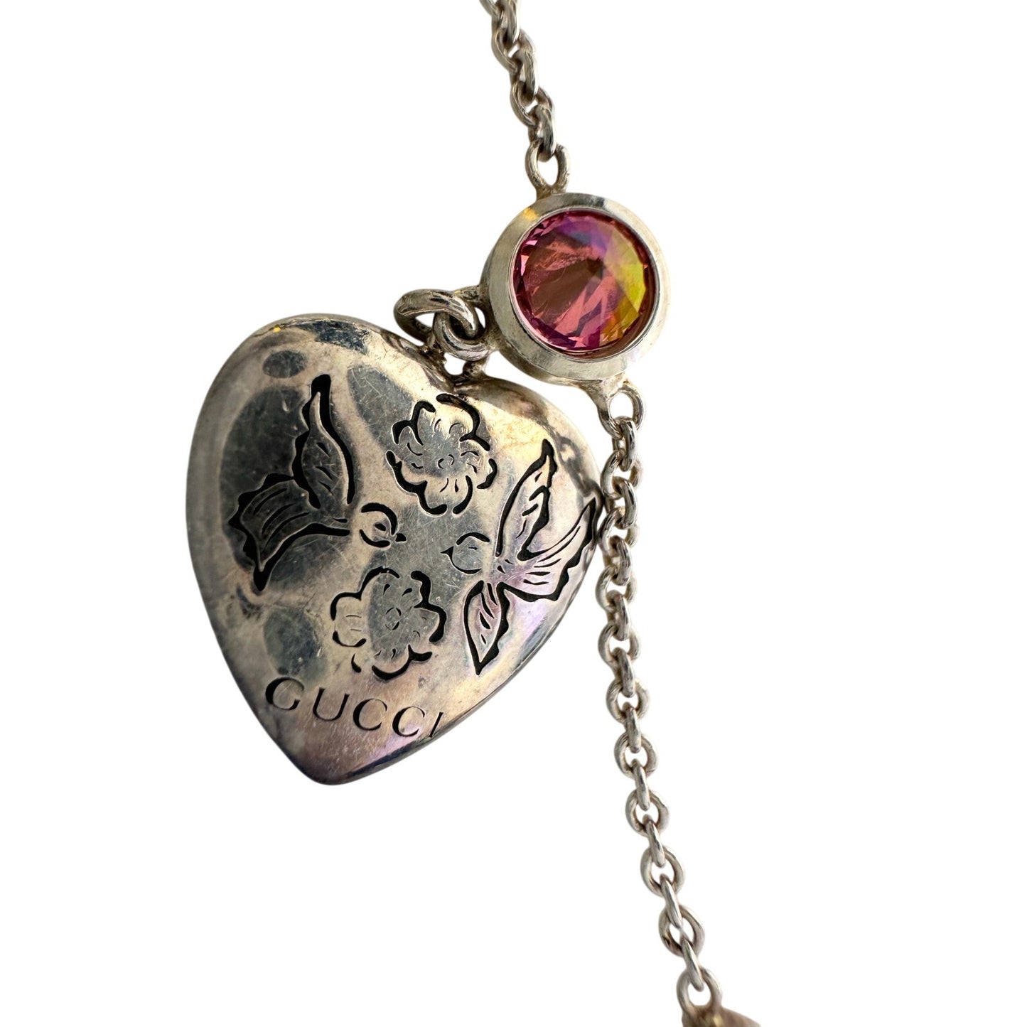 Gucci 'Blind for Love' Engraved Heart Bracelet w Rose Pink & Green Stones