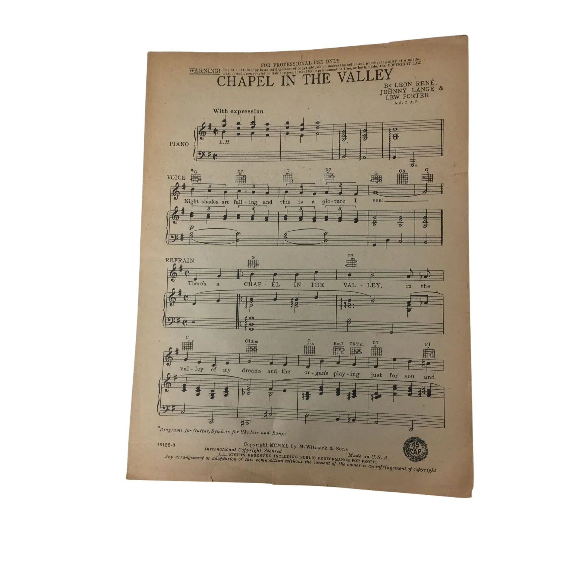 "Chapel In The Valley" Vintage 1940 Sheet Music - A+ Stuff - SHEET MUSIC - A+ Stuff