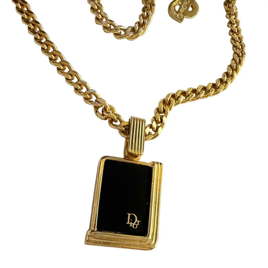 Christian Dior Black Logo Plate Necklace Gold Plated - Christian Dior - Necklace with Pendant - A+ Stuff