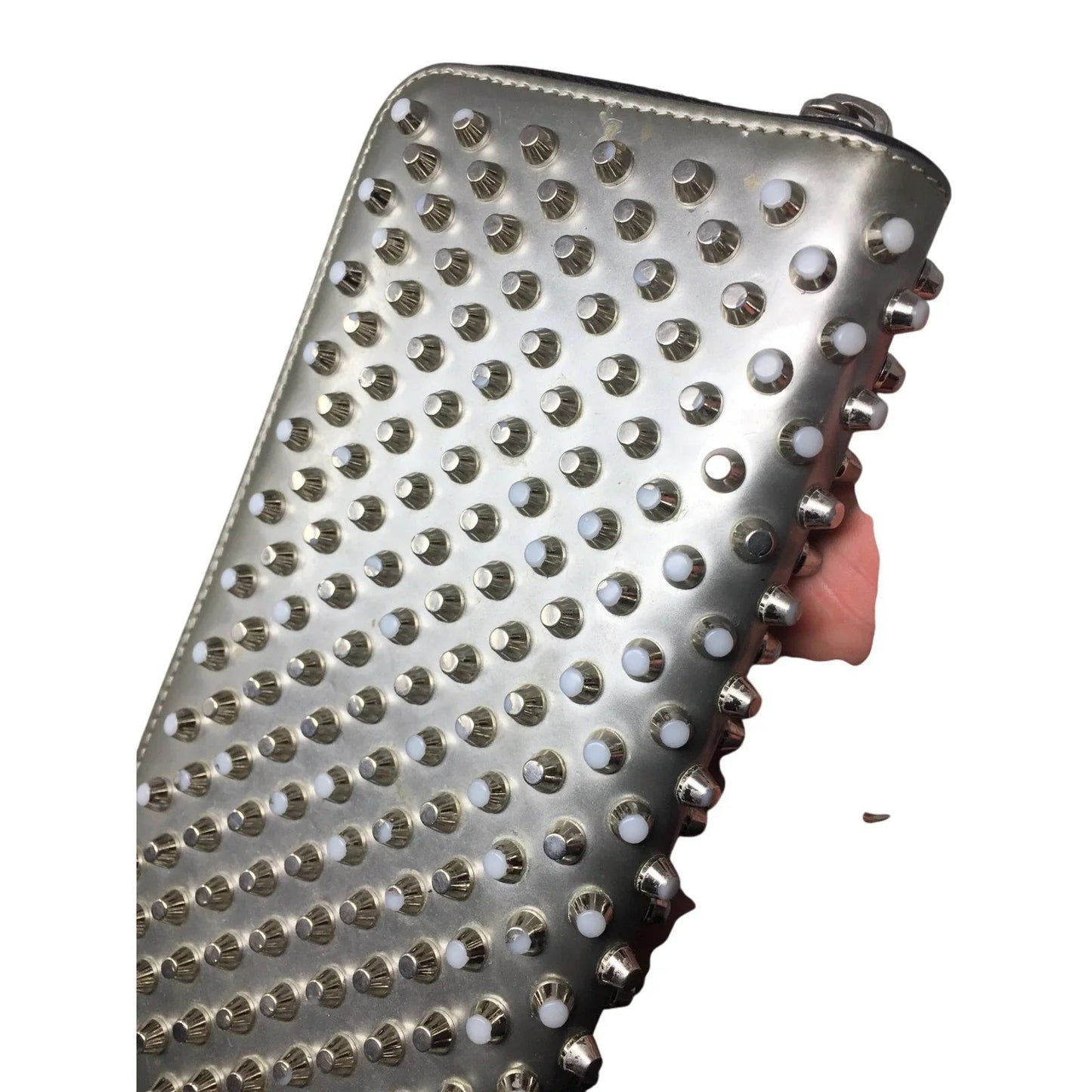 Christian Louboutin Panettone Silver Leather Studded Zip Around Long Wallet - Red Interior - Christian Louboutin - Wallet - A+ Stuff