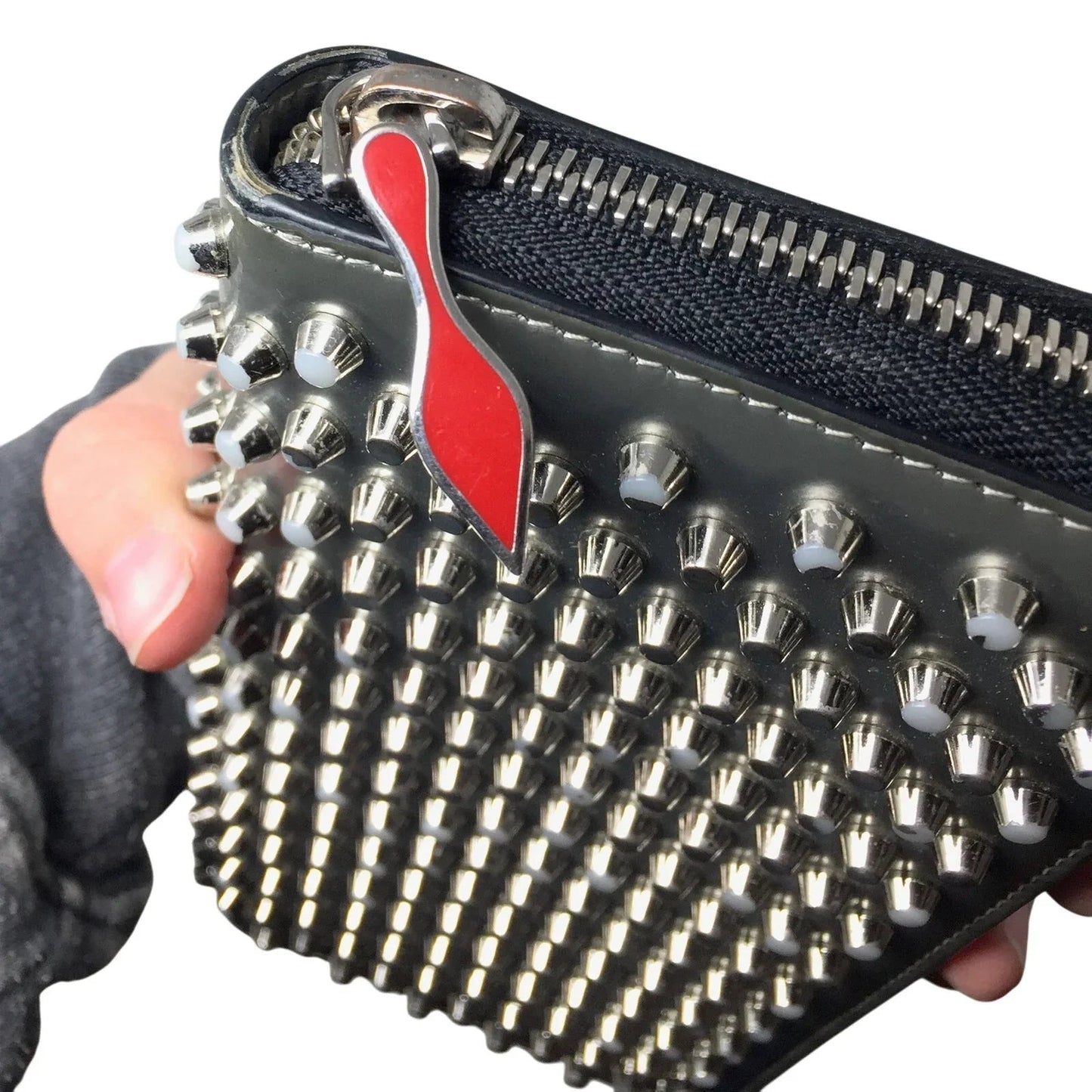 Christian Louboutin Panettone Silver Leather Studded Zip Around Long Wallet - Red Interior - Christian Louboutin - Wallet - A+ Stuff