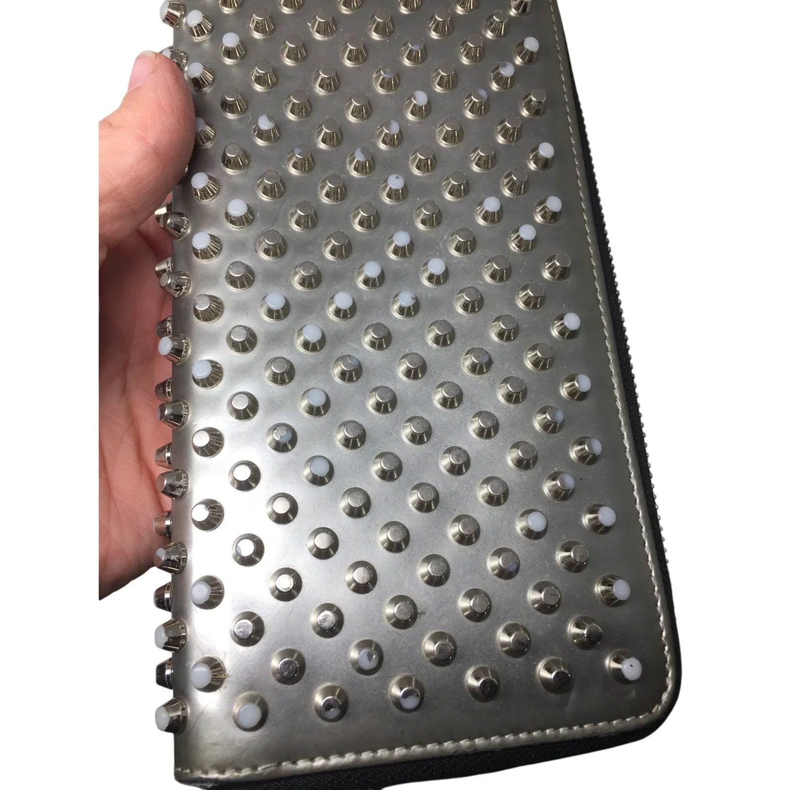 Christian Louboutin Panettone Silver Leather Studded Zip Around Long Wallet - Red Interior - Christian Louboutin - Wallet - A+ Stuff