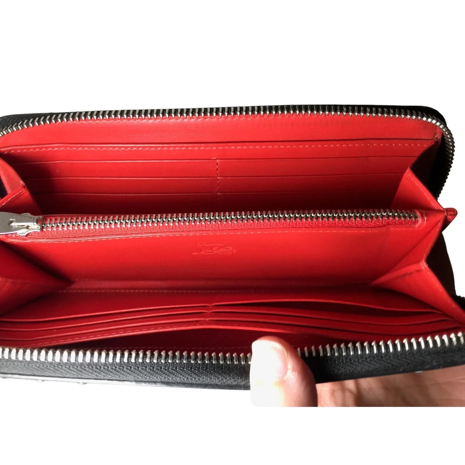 Christian Louboutin Panettone Silver Leather Studded Zip Around Long Wallet - Red Interior - Christian Louboutin - Wallet - A+ Stuff