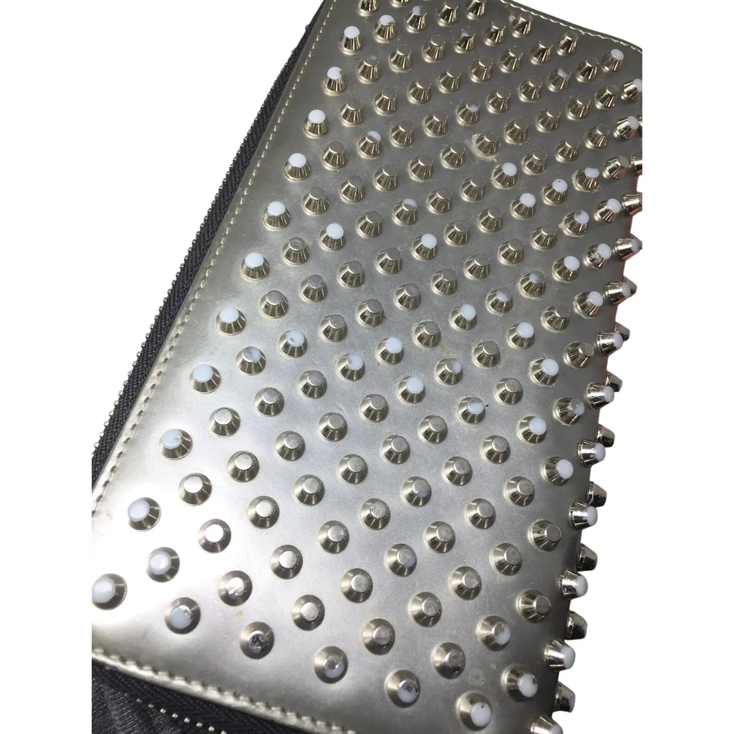 Christian Louboutin Panettone Silver Leather Studded Zip Around Long Wallet - Red Interior - Christian Louboutin - Wallet - A+ Stuff