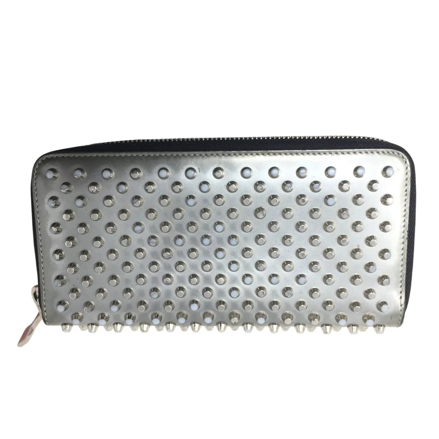 Christian Louboutin Panettone Silver Leather Studded Zip Around Long Wallet - Red Interior - Christian Louboutin - Wallet - A+ Stuff