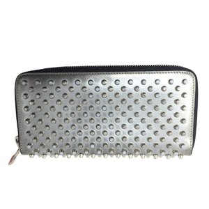 Christian Louboutin Panettone Silver Leather Studded Zip Around Long Wallet - Red Interior