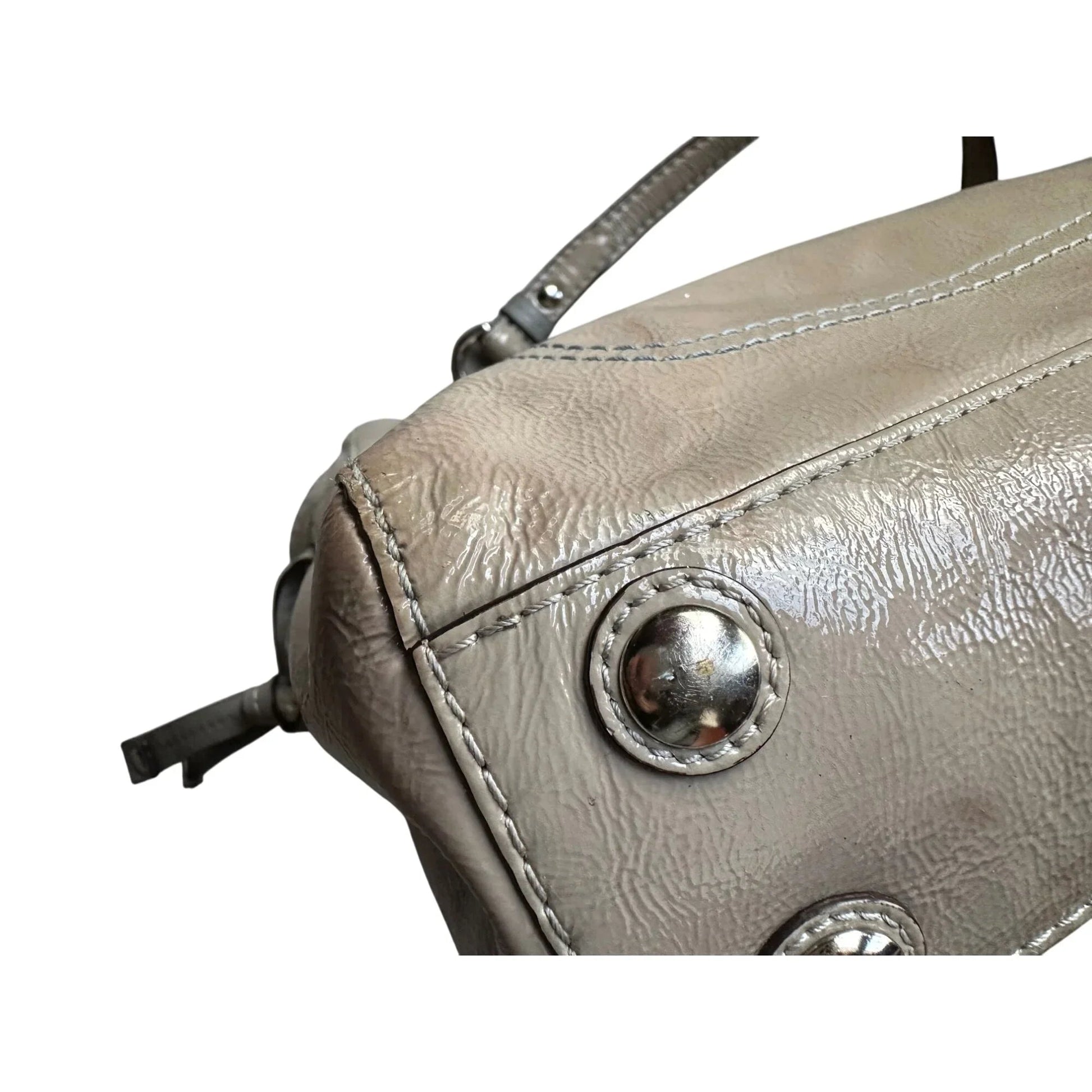 COACH Chelsea Patent Leather Peyton Carryall Satchel - Grayish Tan w Teal Lining - COACH - Designer bag - A+ Stuff
