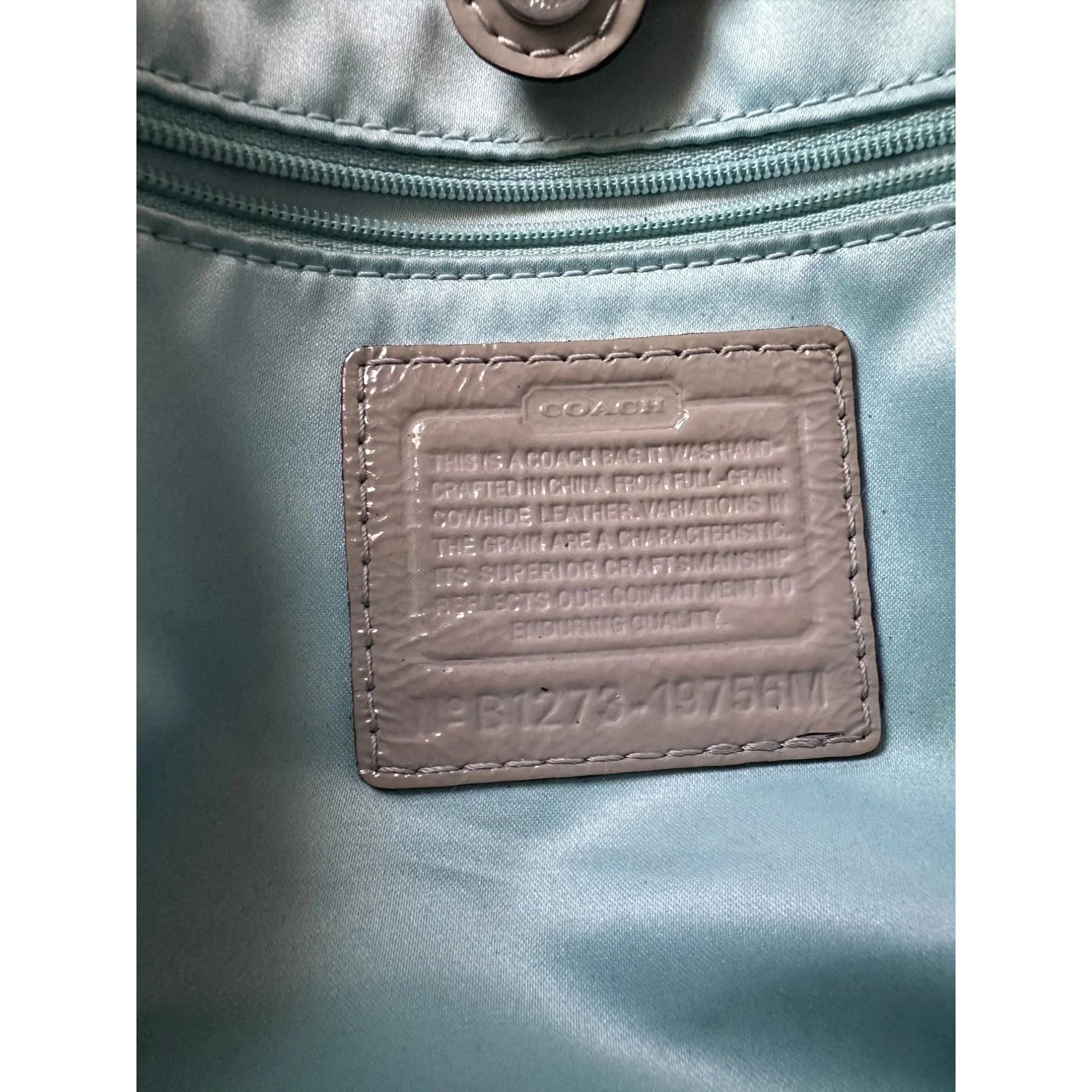 COACH Chelsea Patent Leather Peyton Carryall Satchel - Grayish Tan w Teal Lining - COACH - Designer bag - A+ Stuff